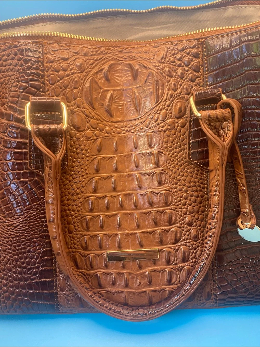 Croc Embossed Brown Leather Satchel Bag Structured Top Handle